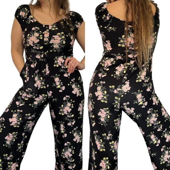 No Boundaries Off Shoulder Wide Leg Jumpsuit 3X Black Pink Floral Pockets Casual - Picture 1 of 12